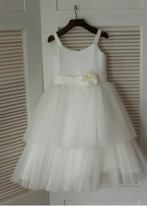 Thin Straps Ivory Sequin Tulle Tea Length Flower Girl Dress